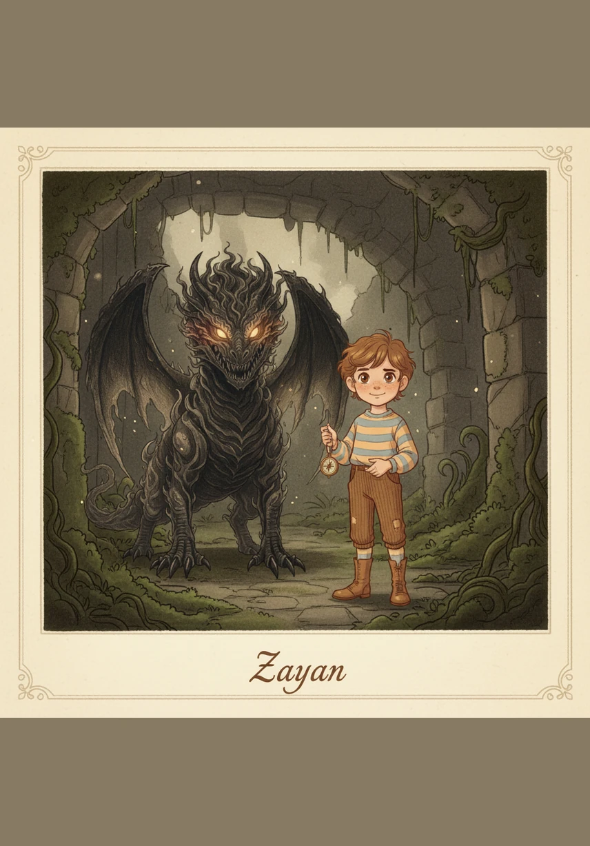 Near a small stone hollow, a glowing orange Thirsty Spark flickers weakly, its ember-like body searching for a source of warmth. Zayan reaches out a gentle hand, and the tiny spark hops up, its warm light reflecting in the boy's curious eyes.