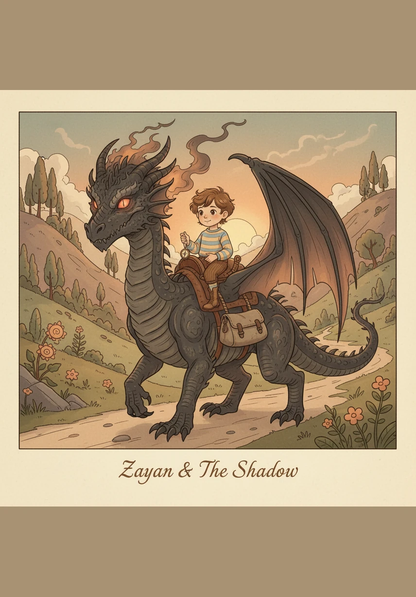 To keep his three new friends safe and warm, Zayan lets them shrink down and nestle comfortably against his ears. The Chilly Breeze, the Grumpy Thorn, and the Thirsty Spark settle in, whispering secrets of the valley as they travel together as one.