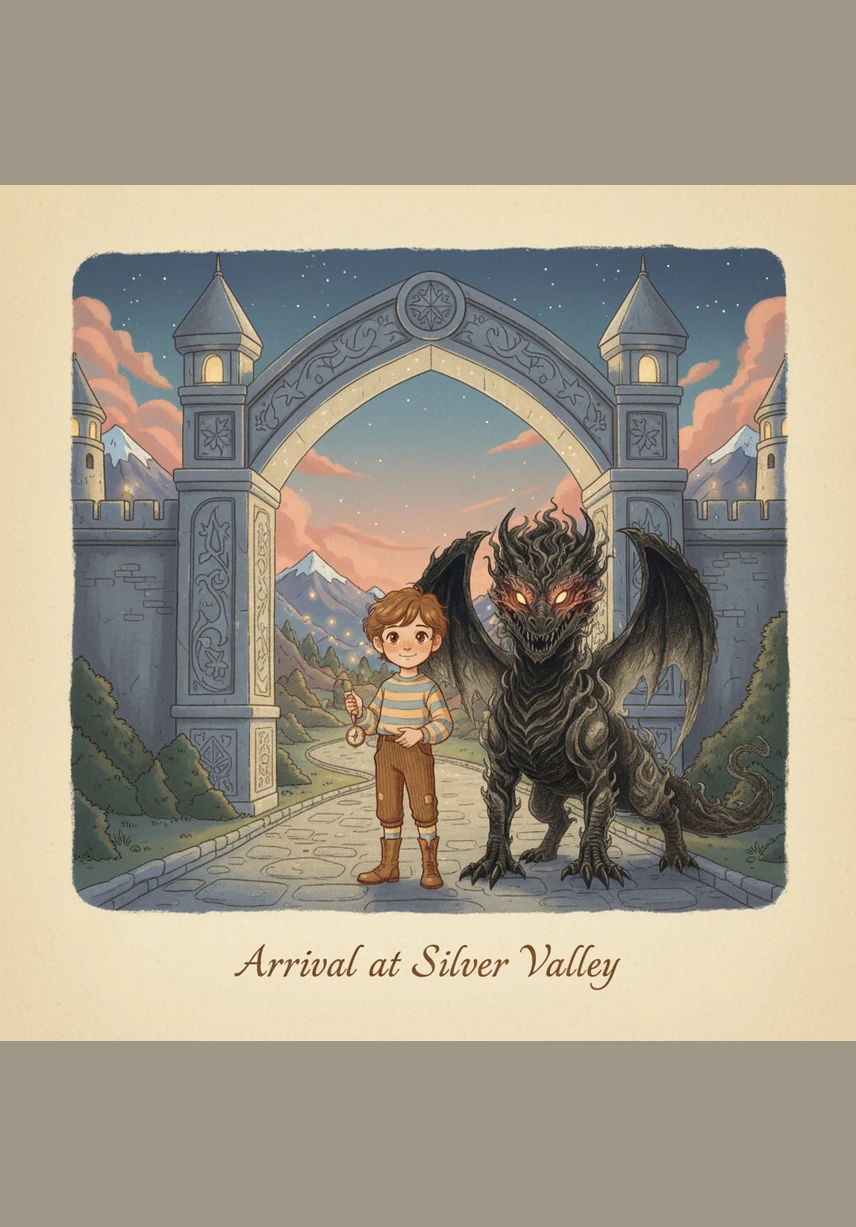 The group finally reaches the grand entrance of Silver Valley, where the trees have leaves of pure shimmering silver and the flowers sing in soft, melodic voices. The air is filled with a magical mist that sparkles like diamond dust under the canopy.