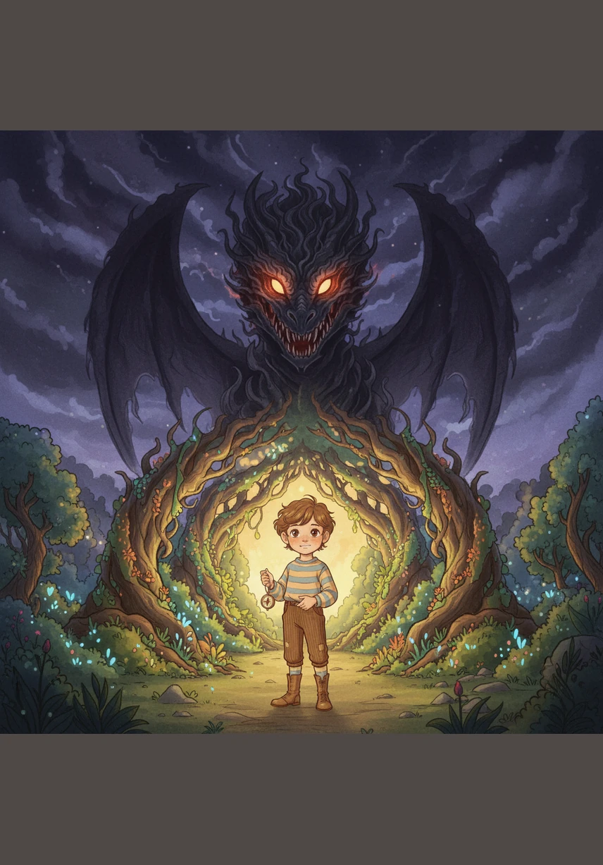 Suddenly, the sky darkens as a massive Dragon of Shadows emerges, its body made of swirling smoke and its eyes glowing like dying stars. It bared its obsidian teeth, casting a terrifying chill over the vibrant entrance of the valley.