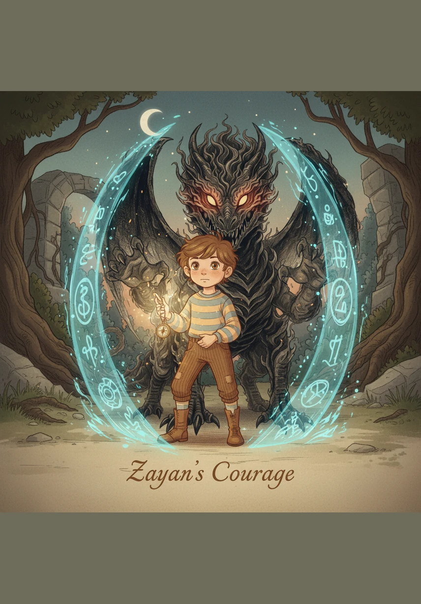 The Chilly Breeze leaps from Zayan’s ear, spinning into a massive frost gale that freezes the dragon's shadowy breath into shards of harmless glass. Simultaneously, the Grumpy Thorn grows into a towering, impenetrable prickly wall, shielding Zayan from the dragon's dark claws.