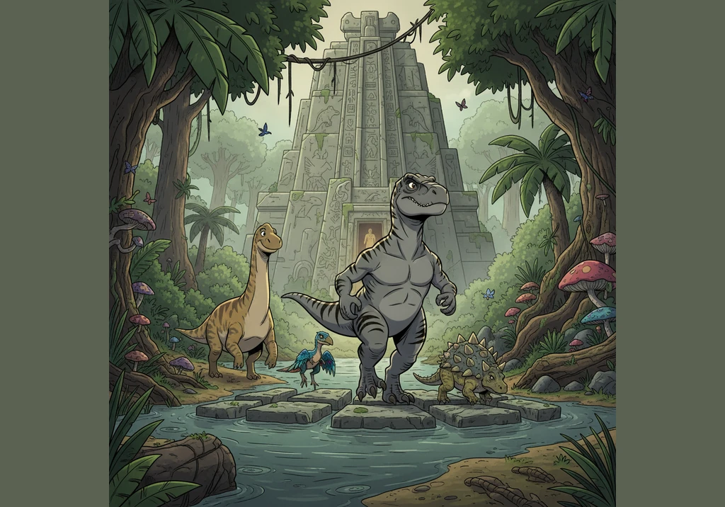 Allo, a powerful grey Allosaurus with dark stripes, leads his dinosaur companions into a vast and silent stone hall. Their heavy footsteps echo throug