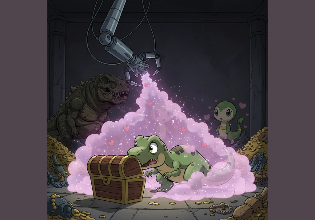 As Allo leans down to nudge the chest open, a sleek mechanical arm suddenly descends from the shadows of the high ceiling. It releases a shimmering cl