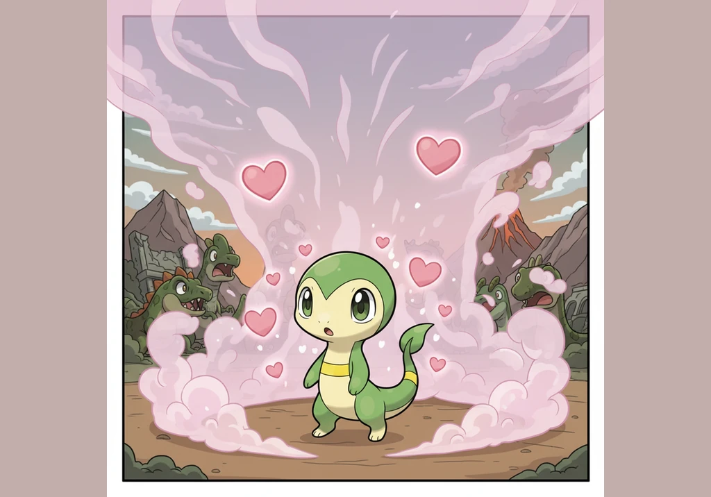 When the fragrant cloud dissipates, Allo has been completely transformed into a sleek, green Snivy with a light beige underside and a leafy tail tip.