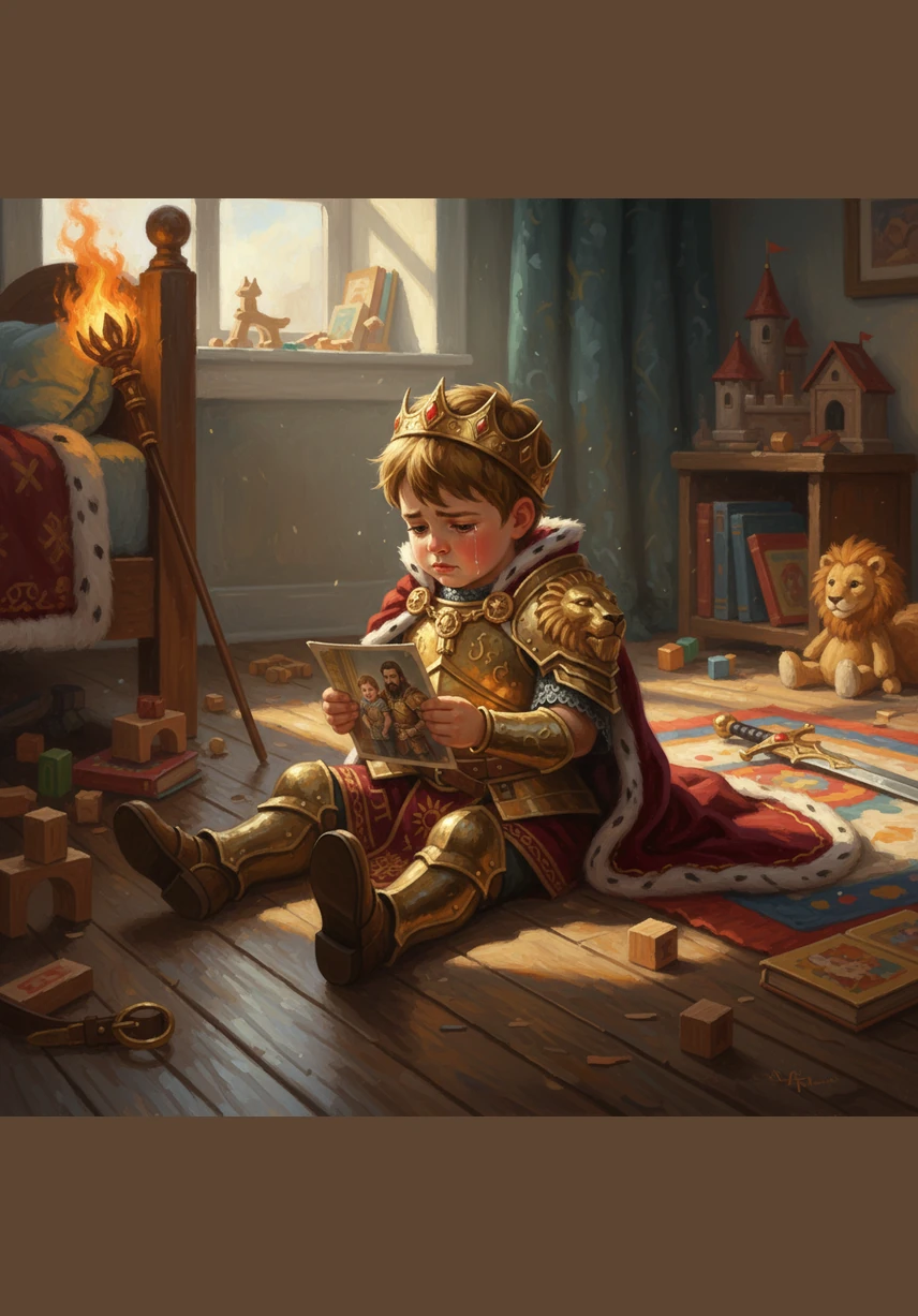 Leo sat on the floor of his messy bedroom, surrounded by piles of clothes and scattered toys. He sighed because he could not find his favorite red race car anywhere in the tangled clutter. The room felt heavy and gray, reflecting his disorganized morning.