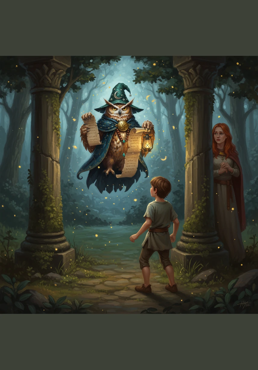 While walking home through the park, Leo noticed a wise old owl with large, kind eyes perched on a low branch. The owl introduced himself as Hoot and invited Leo to see a hidden, magical garden that lived behind a secret gate. Leo followed him, curious about what lay beyond the ivy-covered wall.