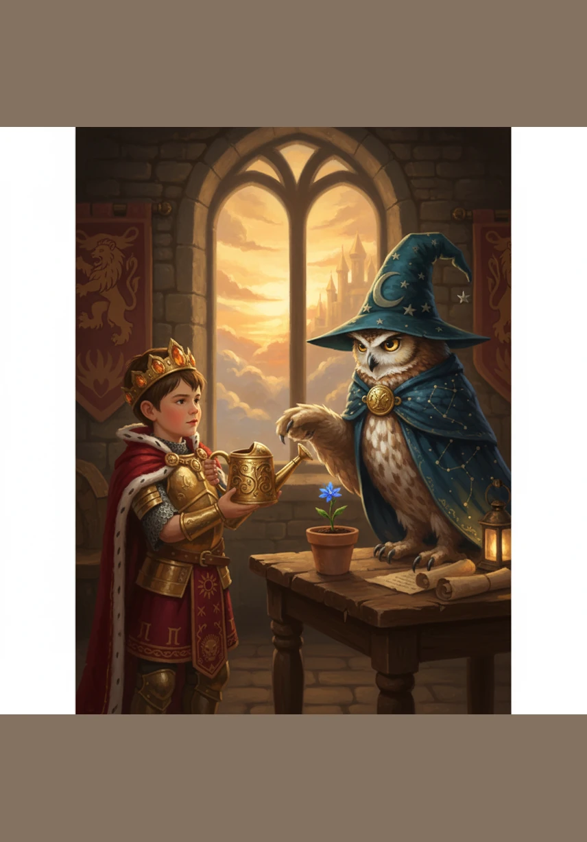 Hoot handed Leo a small golden watering can and told him that every time he practiced a good habit, a flower would bloom. The owl whispered that small actions, like tidying up or being on time, were like seeds of magic. Leo clutched the watering can, ready to start his transformation.