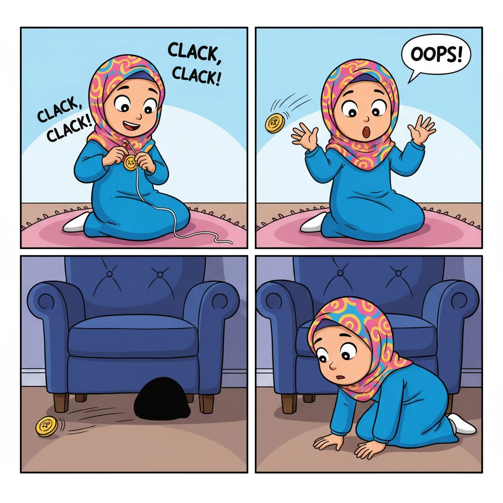 Layla, a cheerful girl in a vibrant blue dress and colorful hijab, is happily sewing a shiny golden button onto her dress. Her needle goes in and out with a 'Clack, clack!' Suddenly, the button pops off with a surprised 'Oops!' and rolls away, disappearing into the shadowy space under a big, comfy armchair. Layla peeks under, her eyes wide, but it's too dark to see her precious button.