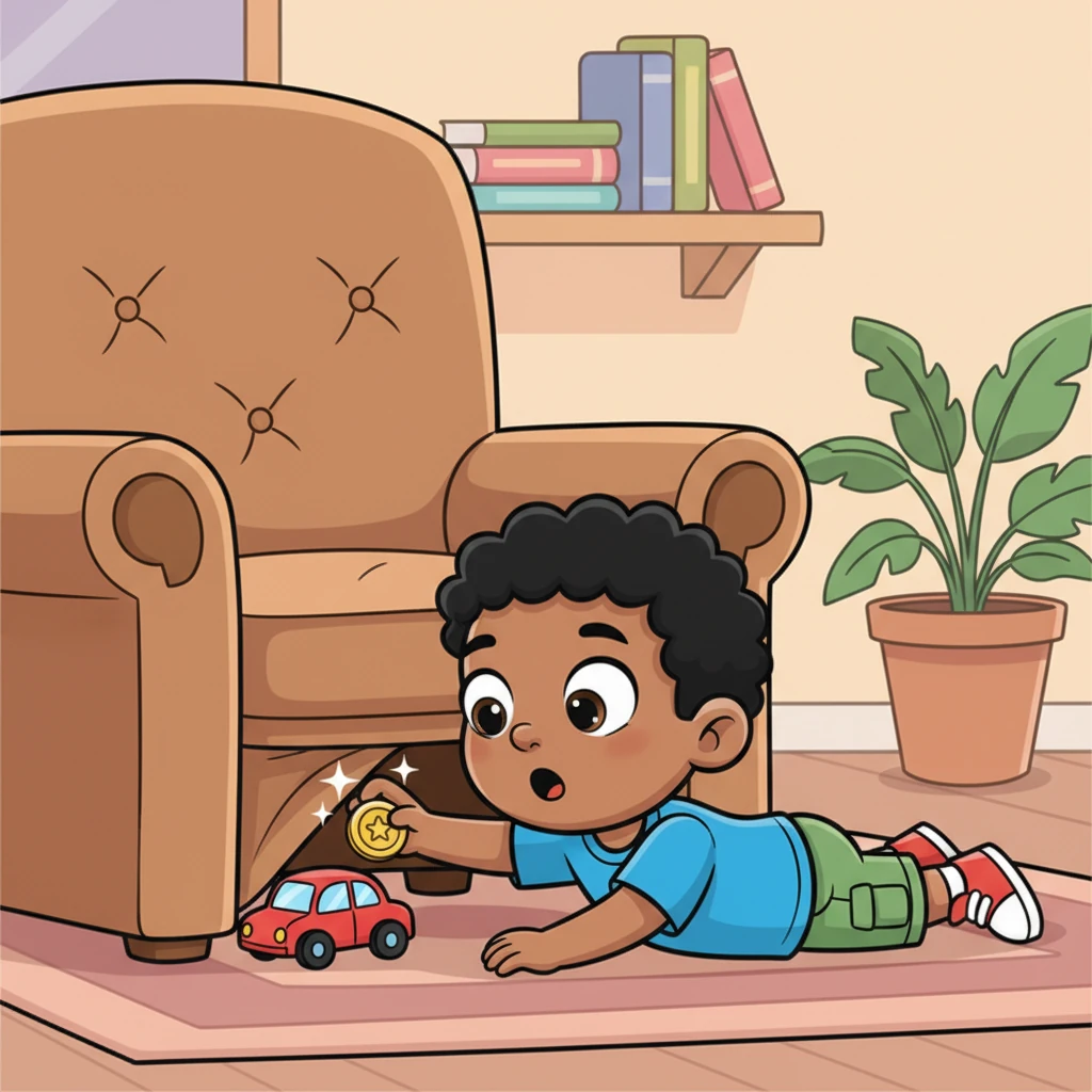 Layla’s little brother, Omar, a playful boy in a simple shirt, is on the floor, zooming his bright red toy car under the big armchair. His arm sweeps under, searching for his car, when he feels something small and hard. He pulls out a sparkling golden button, his eyes widening in surprise. He remembers Layla looking for her special button.