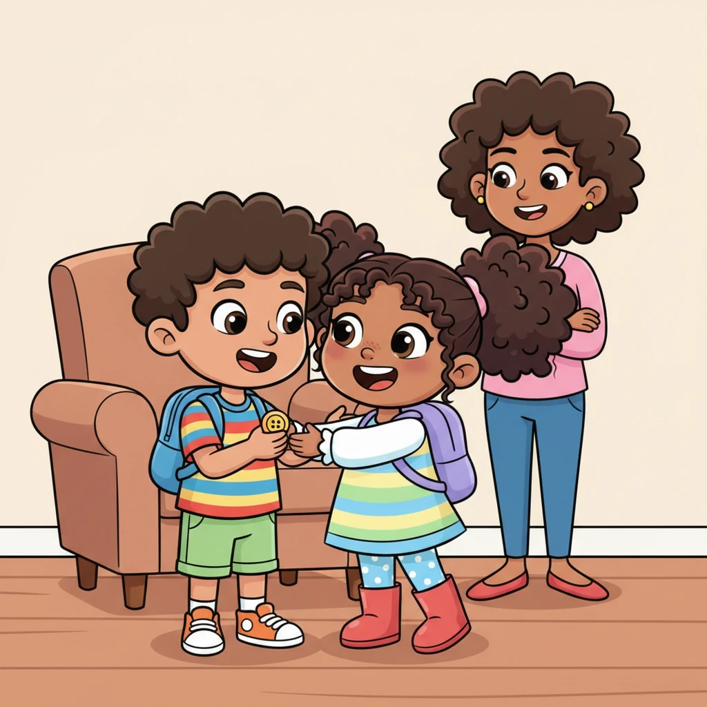 Omar, holding the shiny button, approaches Layla with a determined look. He hands it to her, saying, “I found your golden button under the chair.” Layla's face lights up with a huge, happy smile, and she gives him a gentle hug. Their mom, watching nearby, smiles proudly, praising Omar for his honesty and trustworthiness, making Omar's heart feel warm and happy.