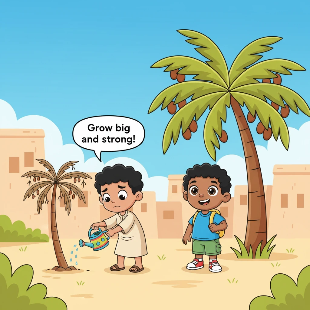 In a sunny village, a young boy named Ibrahim, wearing a simple tunic, stands beside a small, dry date palm tree, watering it with a hopeful expression. He tells it to 'Grow big and strong!' But the tree stays small and thin, contrasting with his friend Karim’s nearby, lush tree, heavy with delicious dates. Ibrahim sighs, a little sad, wondering why his tree is so slow.