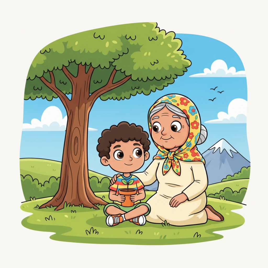 Ibrahim's wise grandmother, Umma, with a gentle smile and a colorful headscarf, sits beside him under a shady tree. She softly explains that great things, like mountains, take time to grow strong. She tells him his little tree is working hard to put its roots deep, assuring him that gentle care and patience are important.