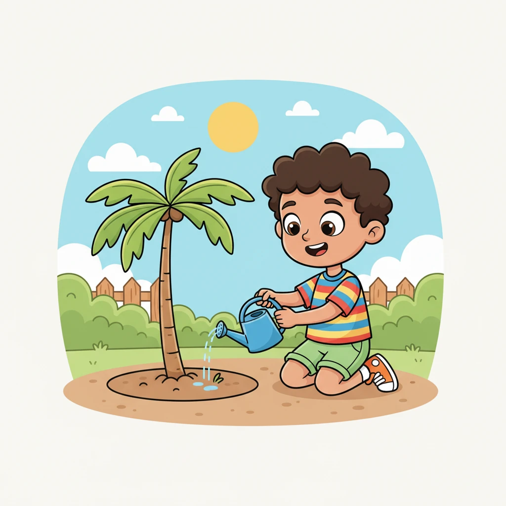 Inspired by Umma's words, Ibrahim continues to care for his tree, now with renewed patience. He waters it slowly, talks to it kindly, and gently weeds around its base. One sunny morning, he spots a tiny, bright green shoot at the very top of his small palm tree, a hopeful sign of new life emerging.