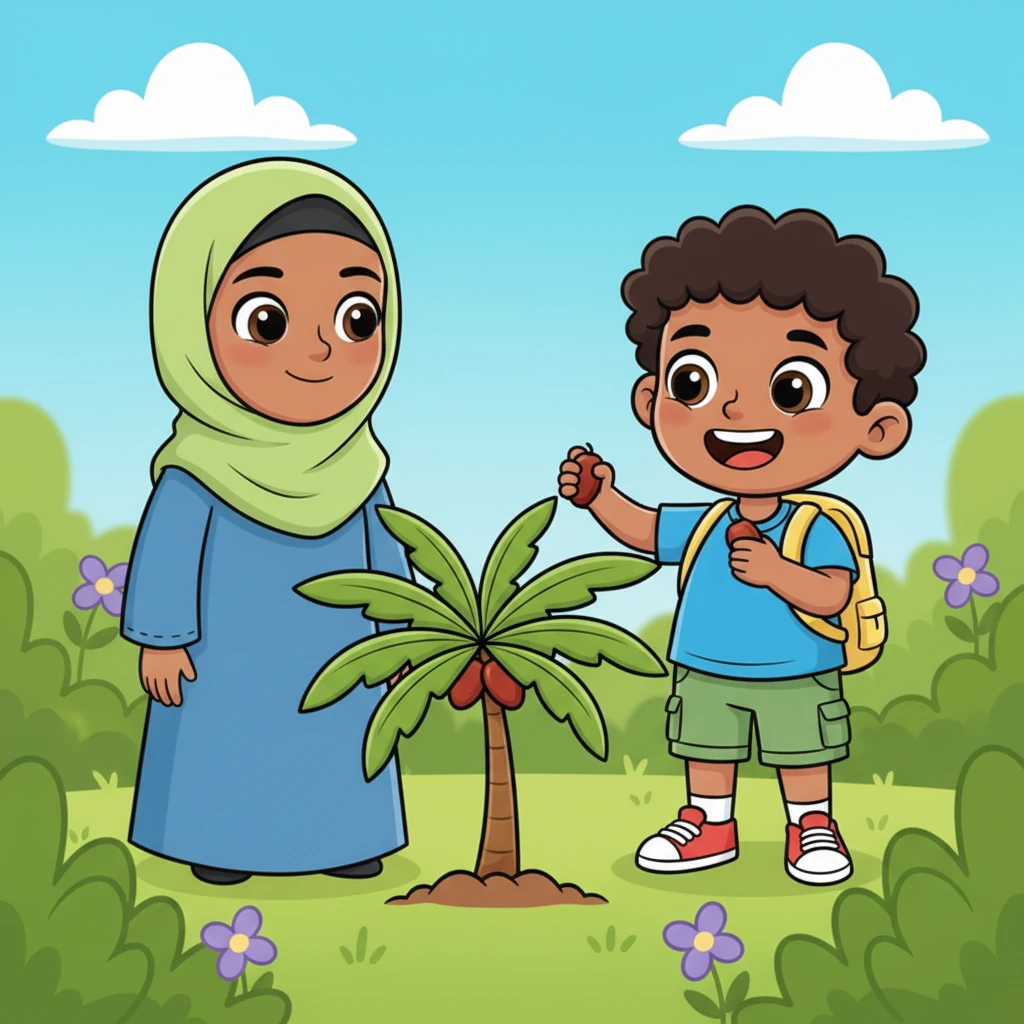 Weeks later, the tiny shoot has grown into a small, proud frond. Ibrahim, still patient and gentle, continues his loving care. Then, one morning, he discovers two small, sweet dates hanging from his tree! He beams with joy, sharing the delicious fruits, born from his patience, with Umma and Karim.