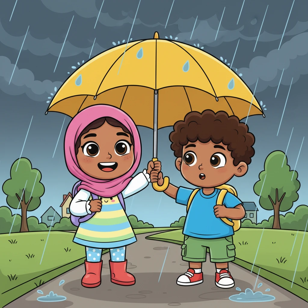 Aisha, a cheerful girl in a bright dress and hijab, and her friend Fatima are walking home from the park. The sky quickly turns from blue to a dark, stormy gray. Pitter-pat, pitter-pat! Big raindrops begin to fall. Aisha quickly opens her large, sunny yellow umbrella and pulls Fatima under, ensuring her friend stays dry.