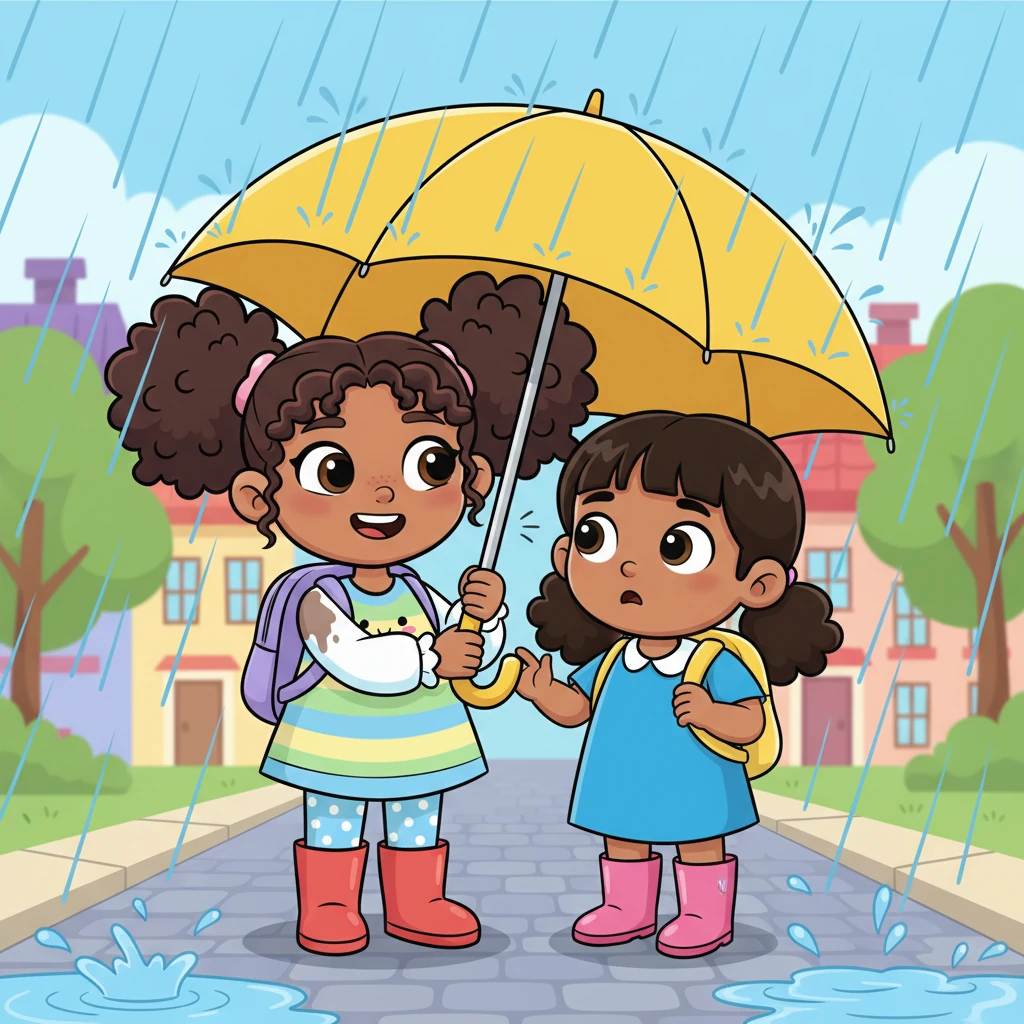 The rain grows heavier, drumming loudly on Aisha’s yellow umbrella. Fatima notices that Aisha’s shoulder is getting soaked, despite Aisha's reassuring smile. Aisha, holding the umbrella firmly, insists it’s okay, explaining that sharing is like doing a good deed. But Fatima sees her friend shiver just a little from the cold.