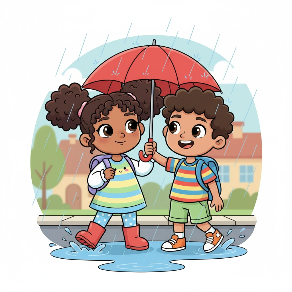 Fatima, with a thoughtful expression, suggests they walk closer and take turns holding the umbrella to share it fairly. They shuffle together, shoulders touching, giggling as they playfully dodge puddles. The small umbrella now feels bigger, filled with their shared thoughtfulness and warmth, making the rainy walk home much cozier.