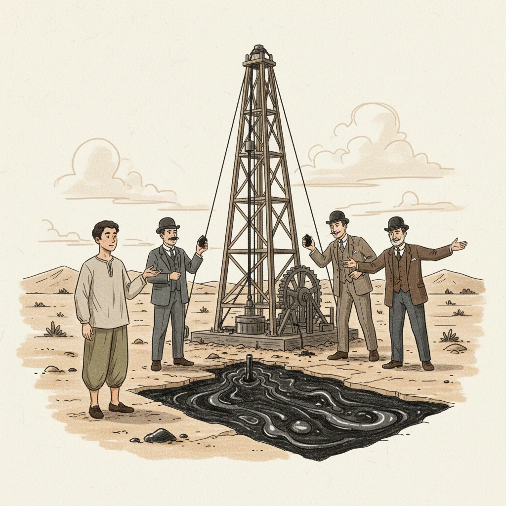 在遥远的伊朗土地下，埋藏着黑色的宝藏——石油。起初，伊朗人没有工具开采，英国人带着机器和技术前来帮助，承诺共同分享这份珍贵的资源。