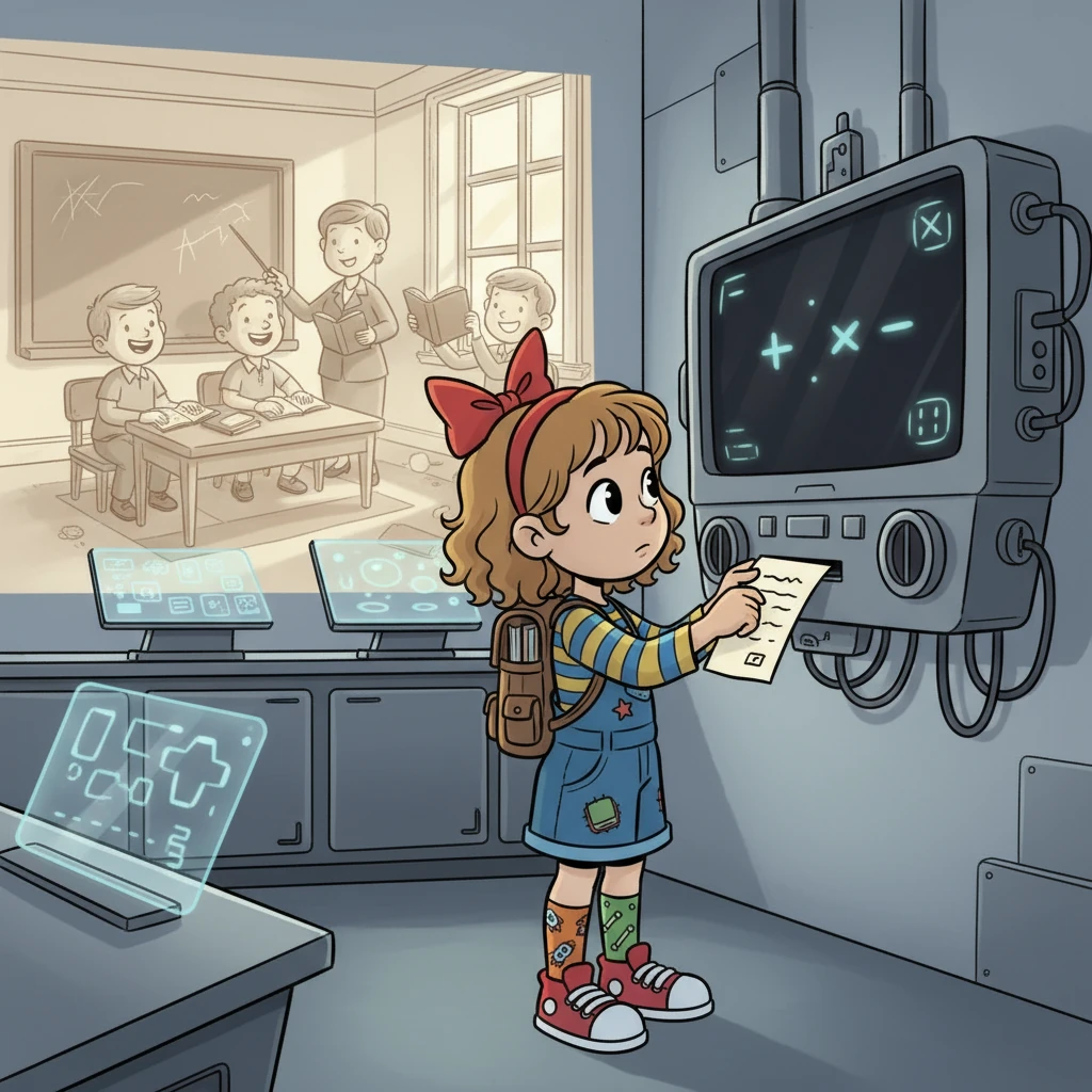 Back in her schoolroom, Margie inserted her homework into the slot of the mechanical teacher. As the screen displayed the arithmetic lesson, her thoughts drifted back to the old schools and the joy of learning together. She couldn't help but dream of those simpler times and the way things used to be.
