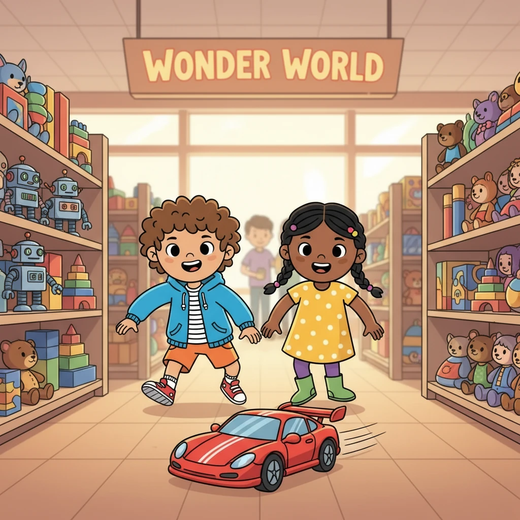 Leo and Mia, eyes wide with wonder, dashed into Wonder World. Shiny robots and colorful dolls beckoned from every shelf.  They chased after a remote-control race car, their parents' voices fading into the background.
