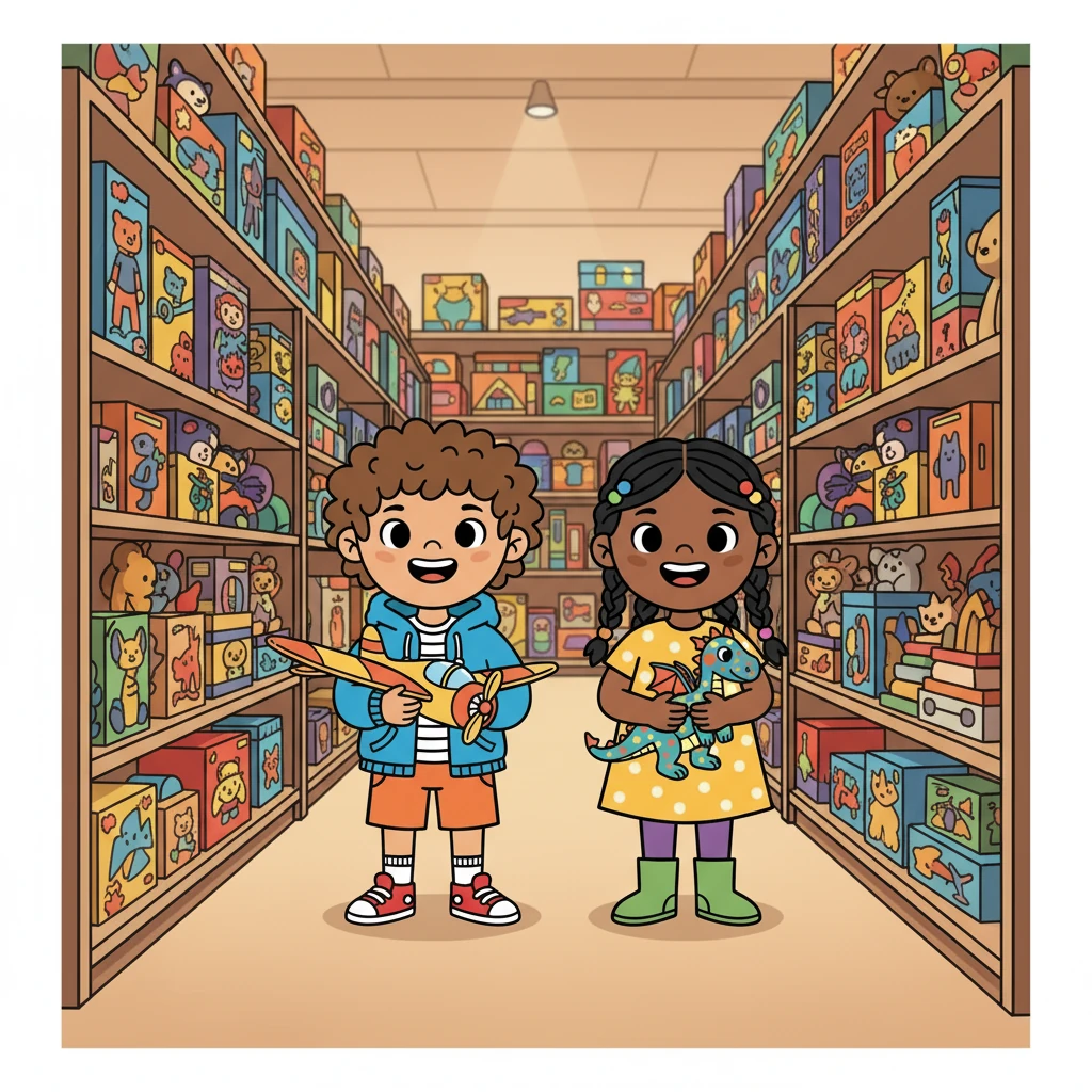 The aisles of Wonder World stretched on forever, lined with towering stacks of toys. Leo and Mia felt like tiny explorers in a giant land. The colorful packaging and endless rows seemed to whisper secrets.