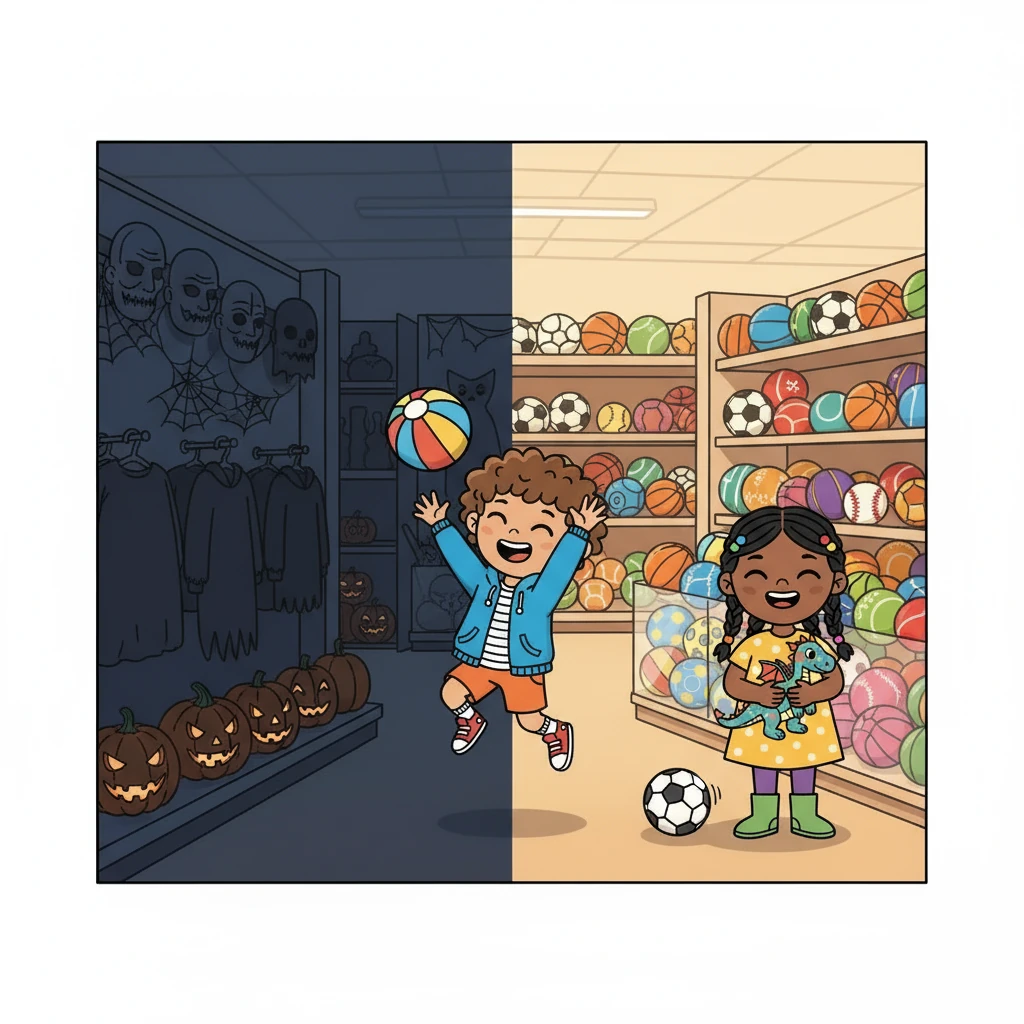 A shadowy corner revealed the spooky Halloween aisle, filled with eerie masks and costumes.  But just around the corner, a bouncy, bright sporting goods section beckoned with colorful balls of all sizes, and the siblings began to play.