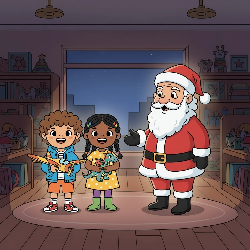 As the store grew quiet and the lights dimmed, a jolly man with a long white beard appeared. He wore a red suit and a big smile. He introduced himself as Claus and listened to their story.
