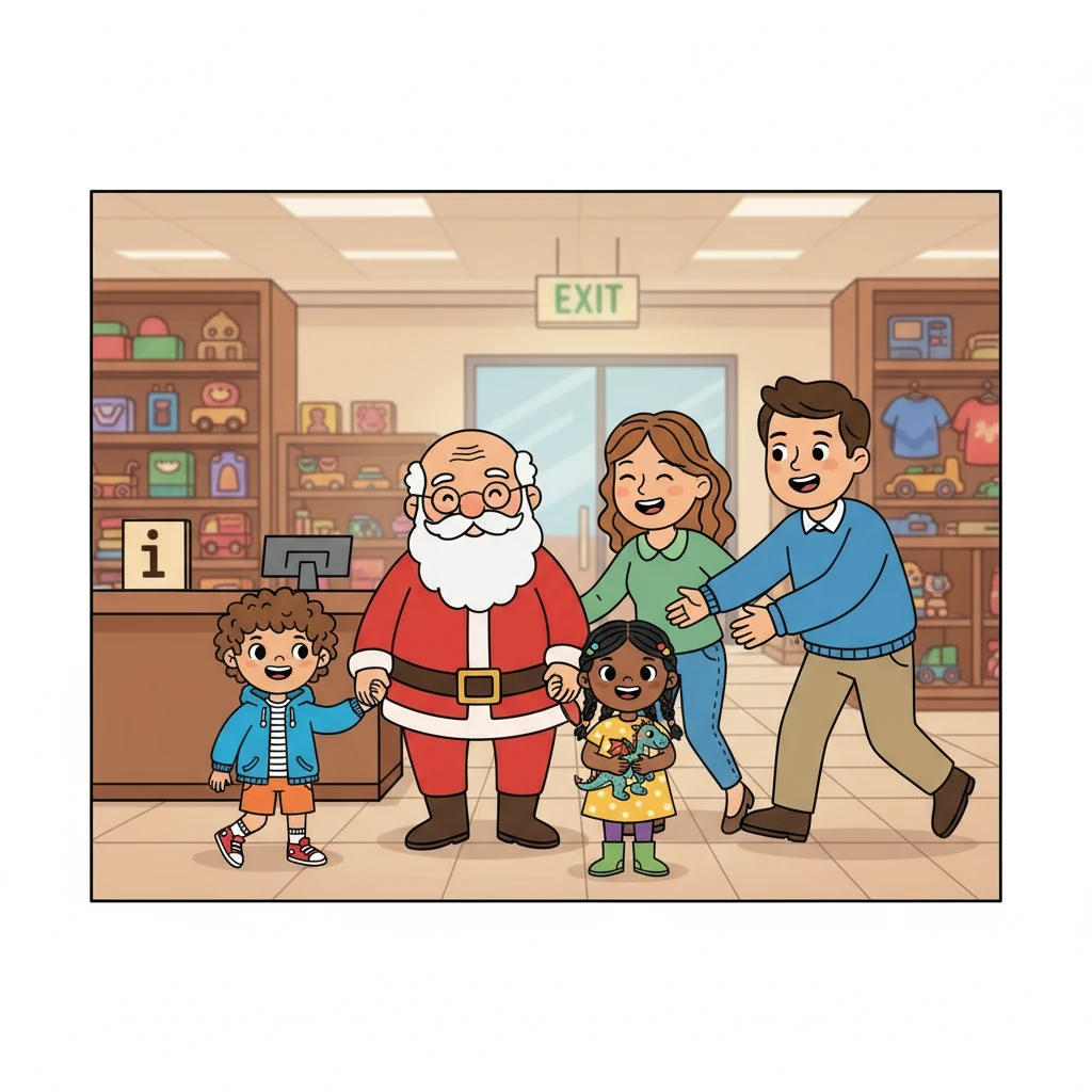 Claus, with a twinkle in his eye, led Leo and Mia through the quiet store to the information desk.  There, their worried parents rushed forward with relieved hugs.  The children were finally safe.