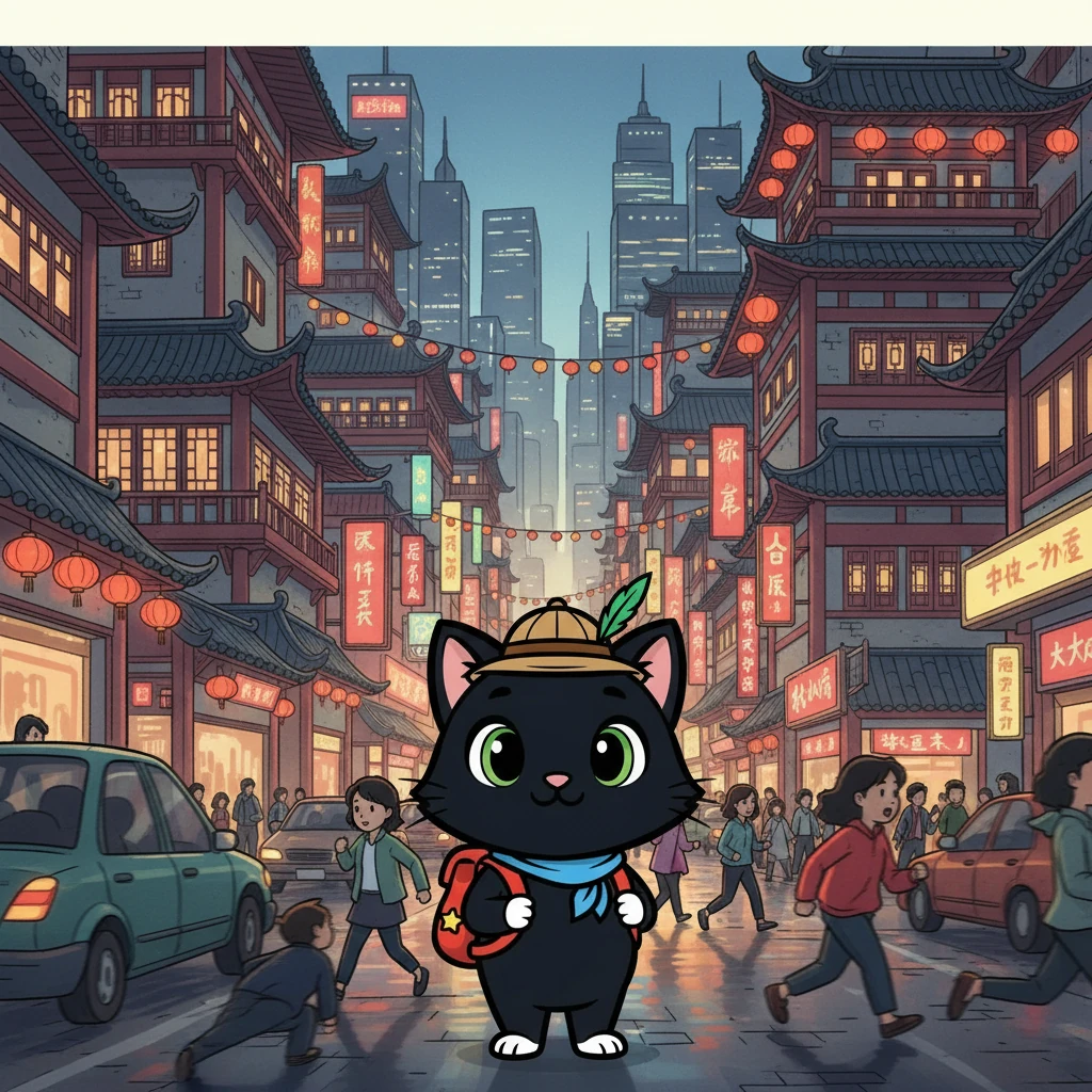 经过漫长的旅程，奇奇终于来到了高楼林立的城市。他被眼前的景象惊呆了，汽车在街道上飞驰，人们来来往往，热闹非凡。奇奇感到既兴奋又有些害怕，他必须找到方向。