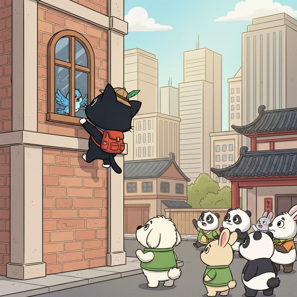 一天，奇奇和毛毛遇到了一个难题：他们看到一只小鸟被困在了高楼的窗户里。奇奇勇敢地爬上了墙，帮助小鸟脱离险境。他们共同克服了困难，赢得了大家的赞赏。