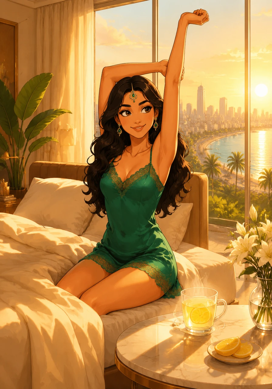Ananya wakes up as the warm Mumbai sun streams through her floor-to-ceiling windows, casting a golden glow over her elegant apartment. She stretches gracefully in her silk loungewear, feeling refreshed and ready to conquer the day ahead. Her morning begins with a moment of quiet reflection and a glass of warm lemon water to fuel her energy.