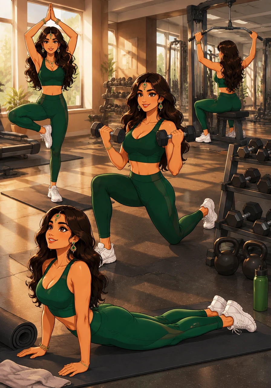 At the gym, Ananya focuses on her intense morning workout routine that keeps her figure toned and athletic. She moves through a series of yoga poses and strength exercises with effortless grace and determination. Her dedication to fitness is a cornerstone of her lifestyle, reflecting her inner strength and discipline.