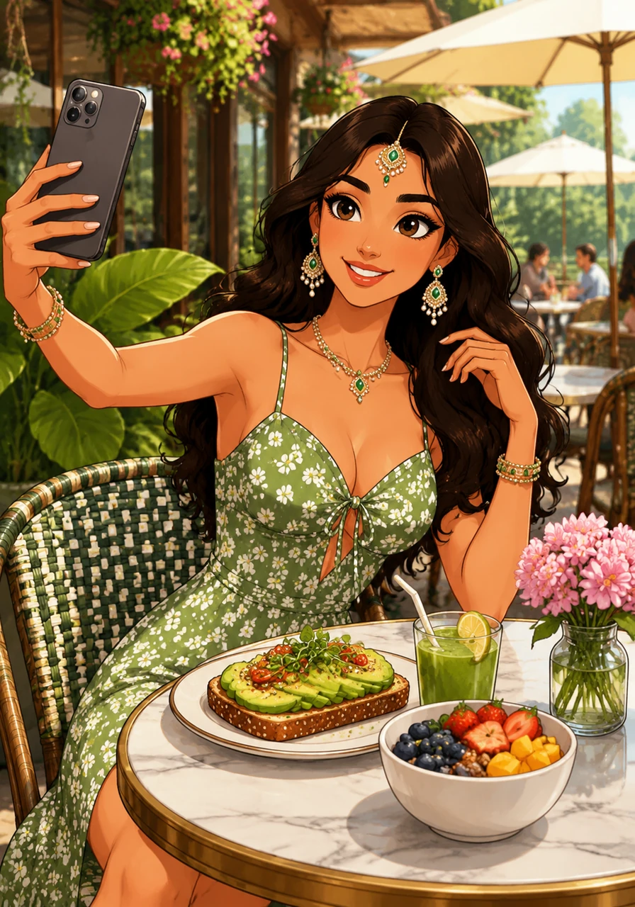 After her workout, Ananya visits a trendy outdoor cafe for a vibrant and healthy brunch. She looks effortlessly chic in a casual sundress that highlights her stunning features as she enjoys a colorful avocado toast and fresh juice. She takes a quick, candid photo for her followers, radiating natural beauty and a genuine smile.