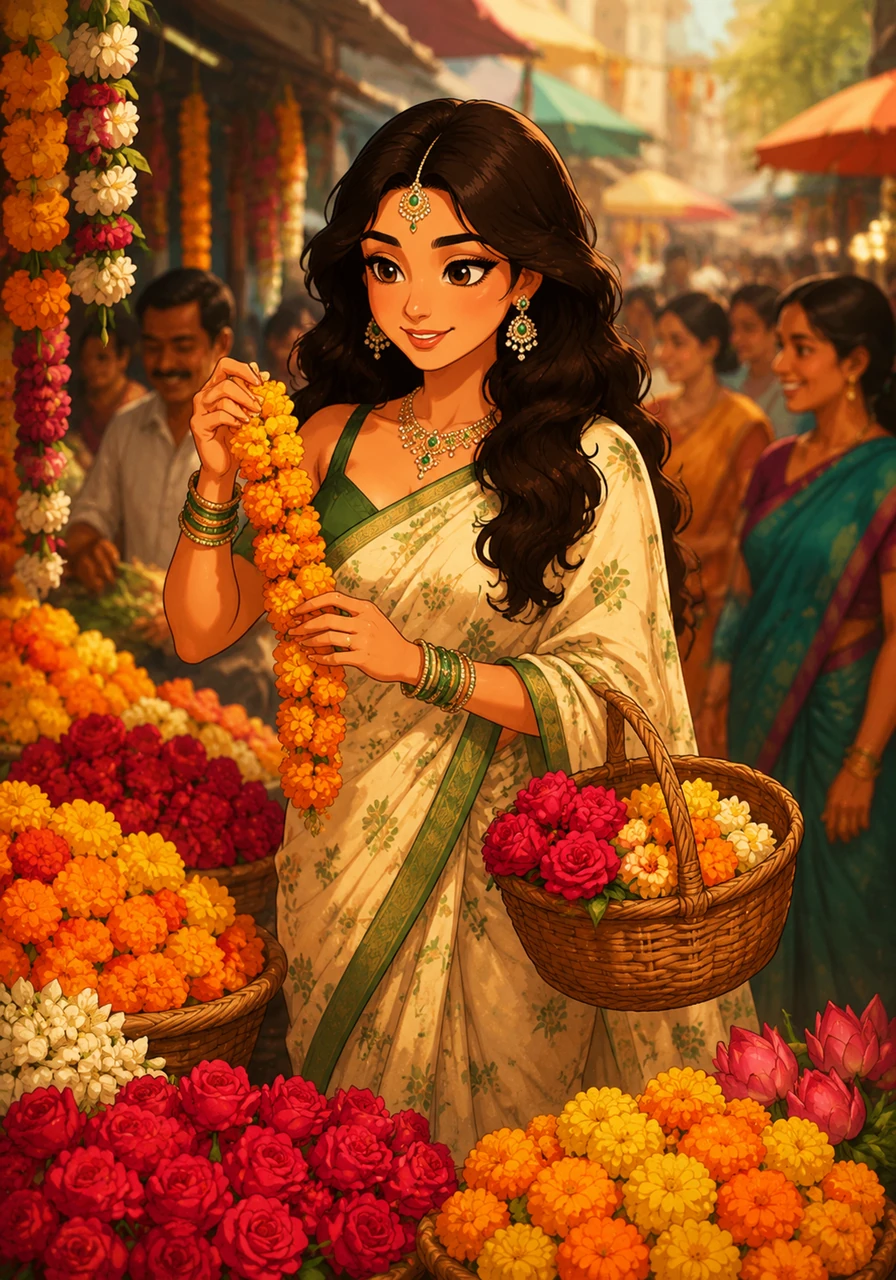Taking a break from the glamour, Ananya visits a bustling local flower market to reconnect with the vibrant colors of her heritage. She wears a simple but elegant cotton saree, blending in with the local culture while still standing out with her natural radiance. She carefully selects fresh marigolds and roses, enjoying the sensory richness of the city.
