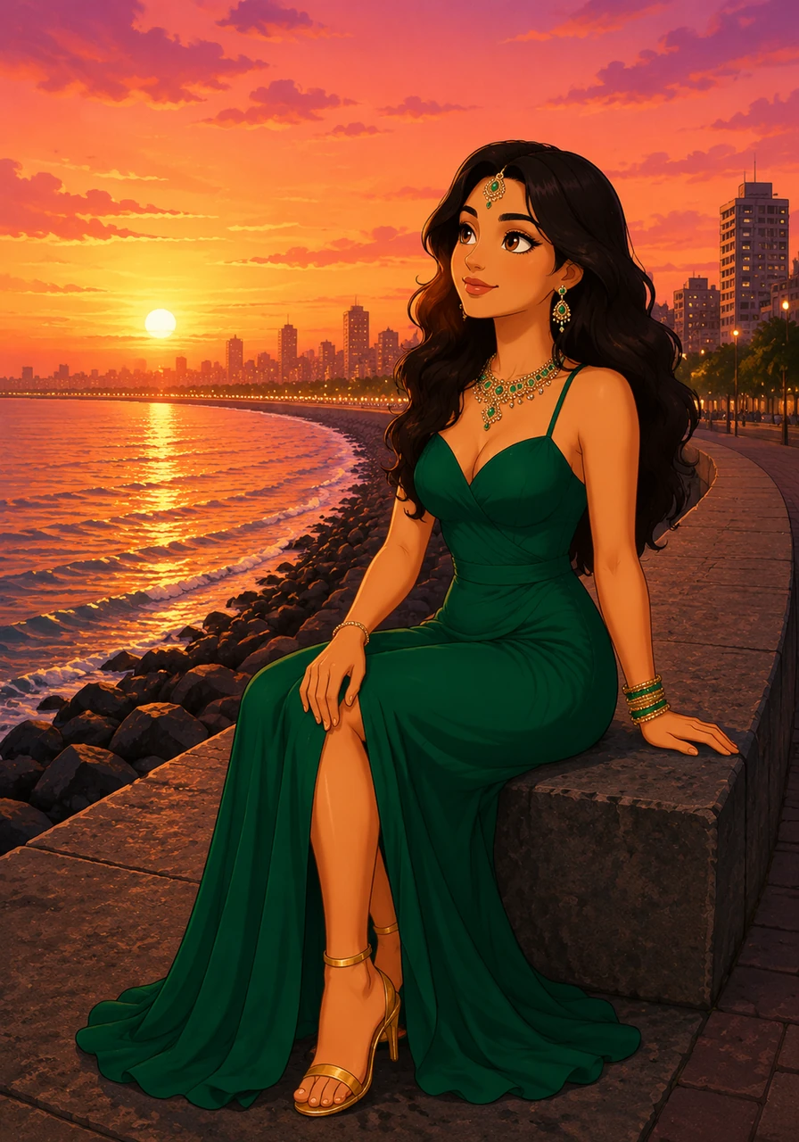 Before heading home, Ananya takes a quiet moment for herself at Marine Drive as the sun sets over the Arabian Sea. The sky is painted in hues of pink and orange, reflecting off the water and highlighting her contemplative expression. She feels a deep sense of gratitude for her journey and the opportunities that lie ahead.
