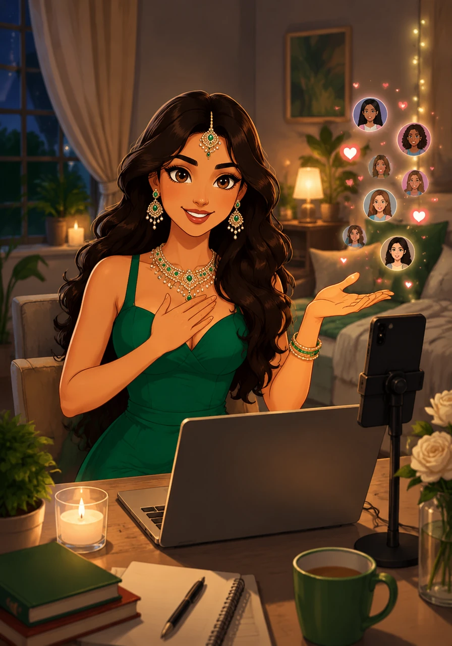 Back in the comfort of her home, Ananya winds down by reviewing the day's content and engaging with her online community. She shares a message of self-love and empowerment, encouraging her followers to embrace their own unique beauty and strength. Her day ends with a peaceful heart, ready to dream and achieve even more tomorrow.