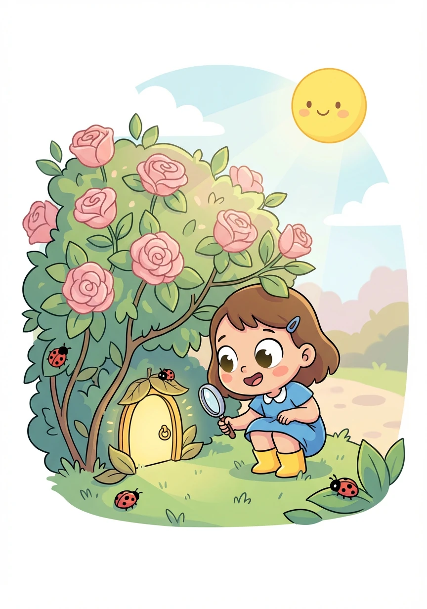 Em uma tarde ensolarada, enquanto procurava por joaninhas, Lila encontrou algo diferente: uma pequena porta brilhante escondida sob um arbusto de rosas.