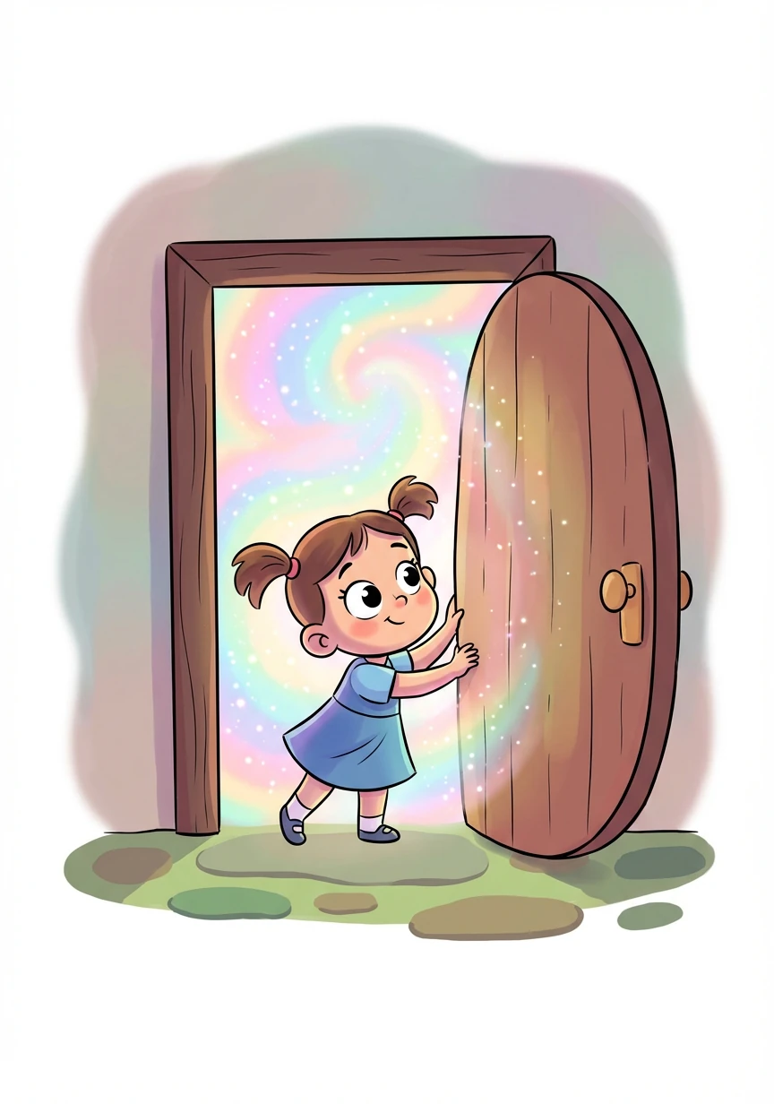 Curiosa, Lila abriu a porta. Uma luz suave e colorida saiu de dentro, convidando-a a entrar em um mundo desconhecido.