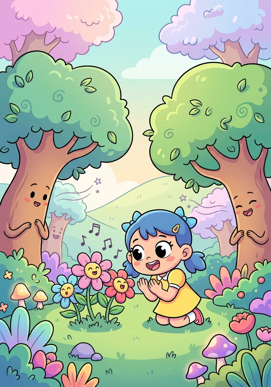 Do outro lado da porta, Lila se viu em uma floresta mágica, onde as árvores sussurravam segredos e as flores cantavam melodias alegres.