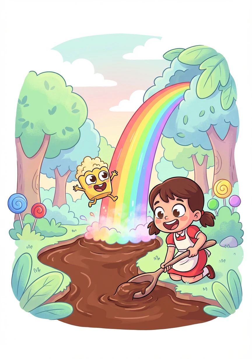 Juntos, Lila e Pipoca encontraram um rio de chocolate e uma cachoeira de arco-íris. A floresta era cheia de maravilhas inimagináveis.