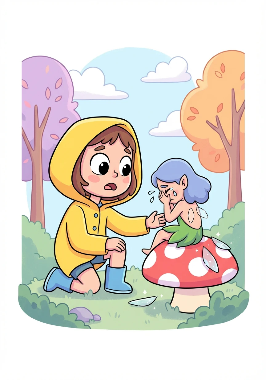 Enquanto exploravam, eles ouviram um choro baixinho. Era uma pequena fada que havia perdido suas asas brilhantes.