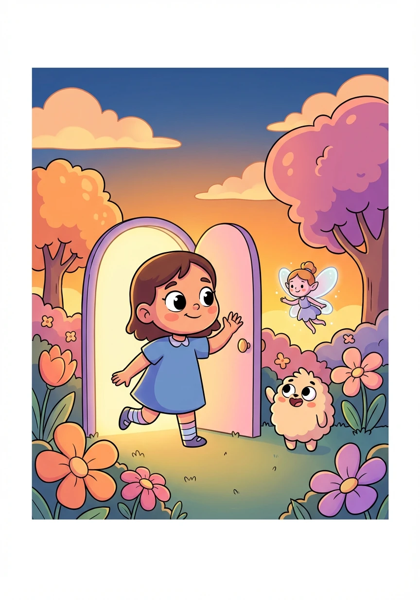 Ao entardecer, Lila se despediu de Pipoca e da fada, prometendo voltar sempre. Ela atravessou a porta brilhante e retornou ao seu jardim, levando consigo a magia em seu coração.