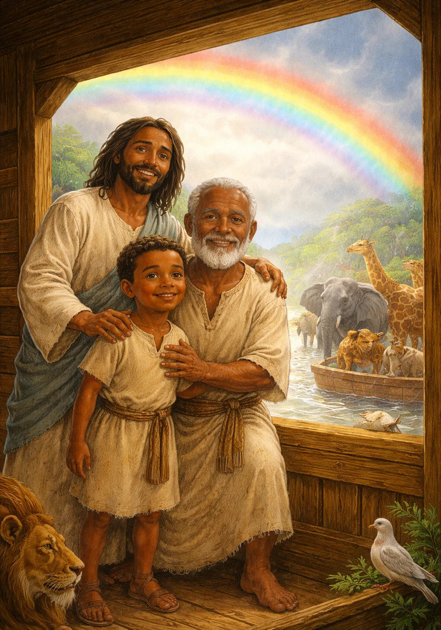 When the clouds turned grey and the rain began to fall, Noah and all the animals stayed safe and dry inside the big wooden ark. Just like the colorful rainbow that appeared in the sky, God promises to always keep His children safe under His watchful eye. No matter how big the storm, we can trust in God’s colorful promise of love and protection.