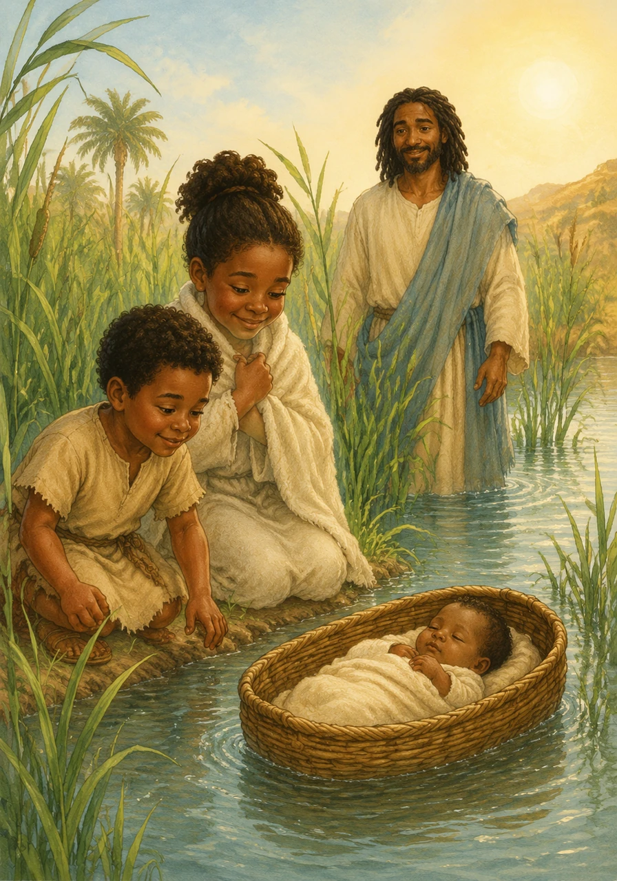 A tiny basket floated gently among the tall green reeds of the river, carrying baby Moses to safety under the warm morning sun. Amara tucks her blanket close, feeling cozy and protected, just like the baby in the basket who was never truly alone. This story teaches us that God watches over us even when we are small, keeping us safe in His hands.