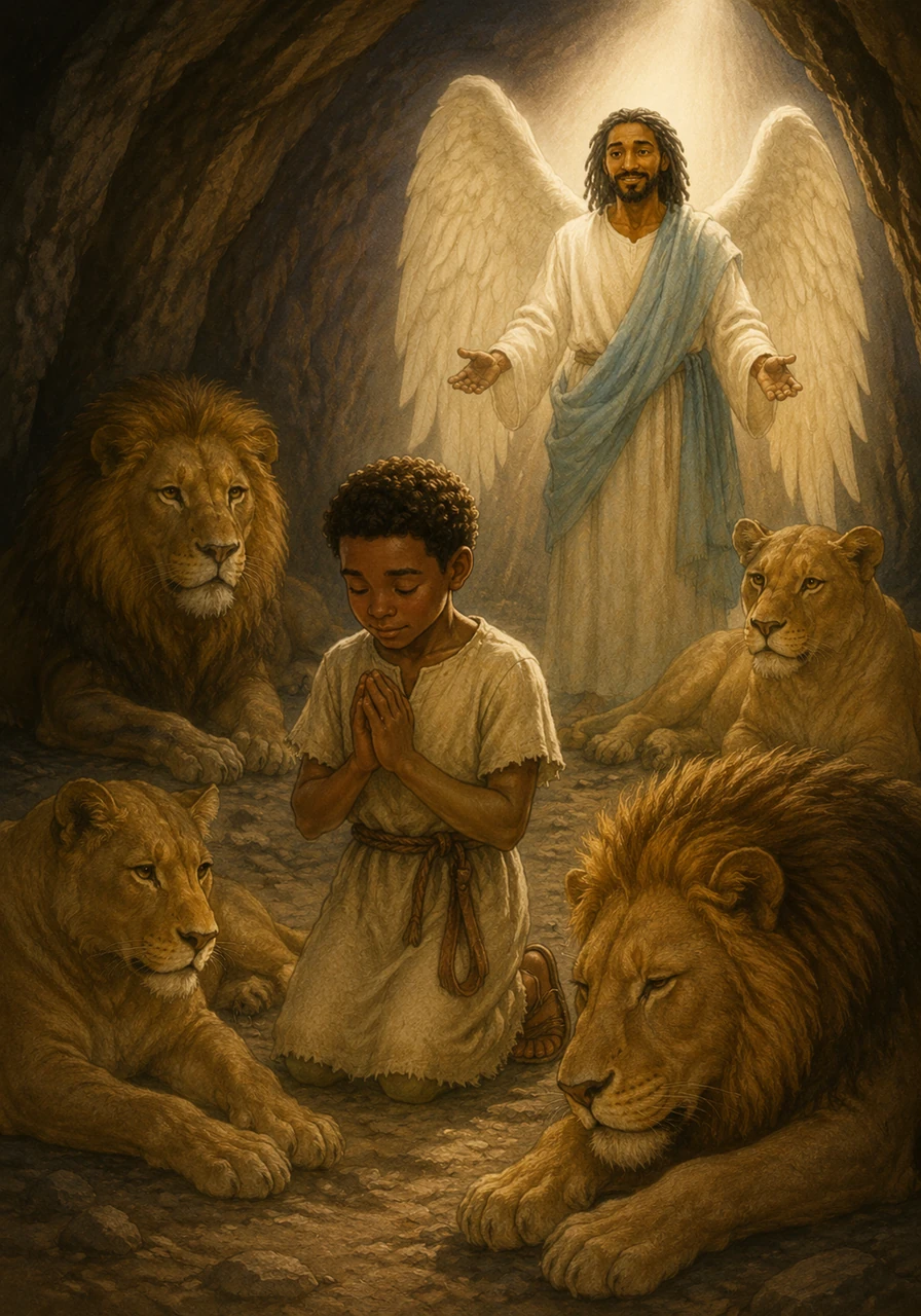 Inside a dark cave with big, fluffy lions, Daniel knelt down to pray and felt a peaceful calm wash over him. The lions stayed quiet and gentle all through the night, showing us that God’s angels are always near to guard our sleep. When we trust in God, He fills our hearts with a peace that keeps the night shadows away.