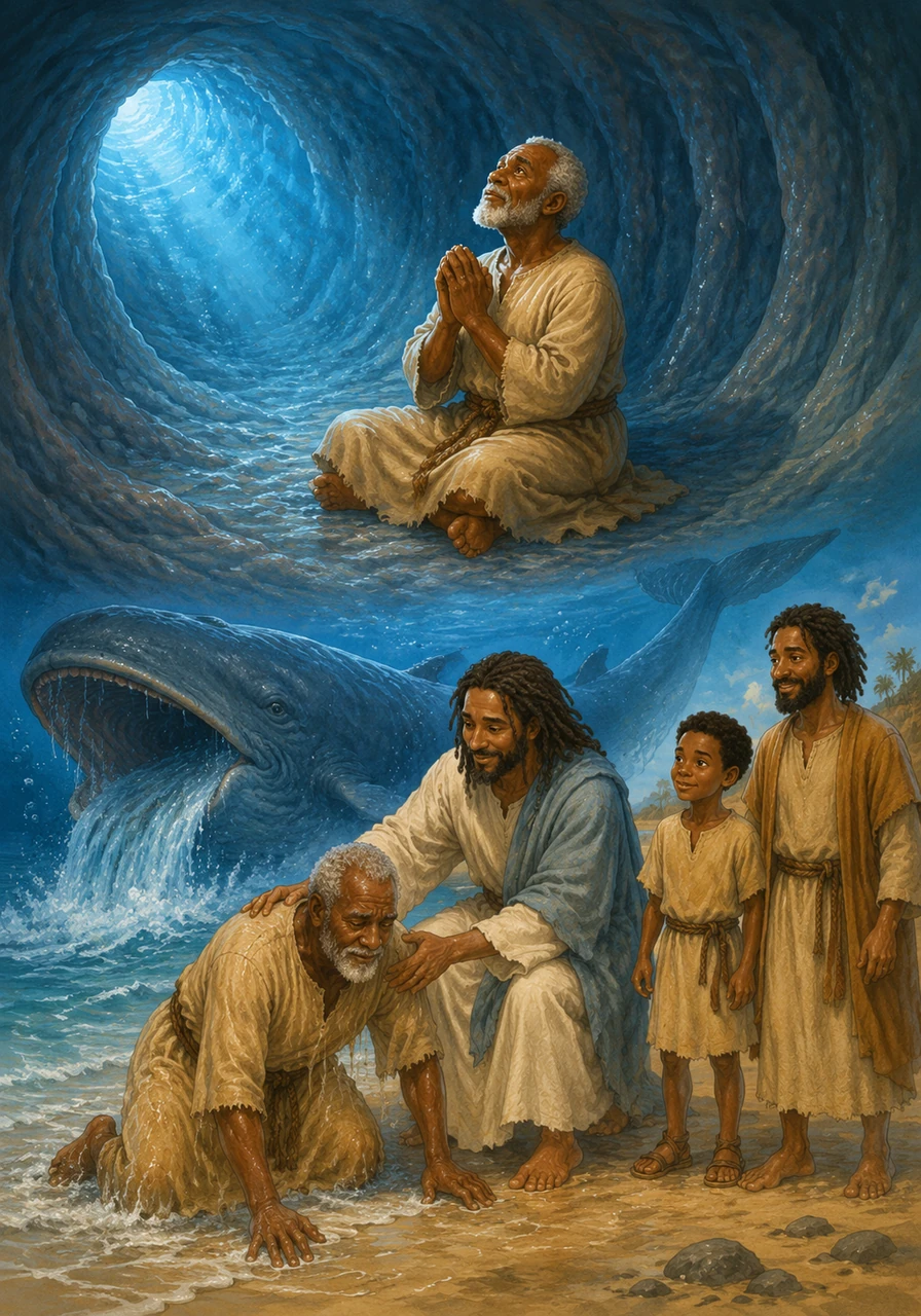Deep beneath the ocean waves, Jonah sat inside the belly of a giant whale and talked to God in the quiet, glowing blue. God heard his humble prayer and brought him safely back to the shore, teaching us that He always listens whenever we call out to Him. No place is too deep or too far for God’s mercy and love to find us.