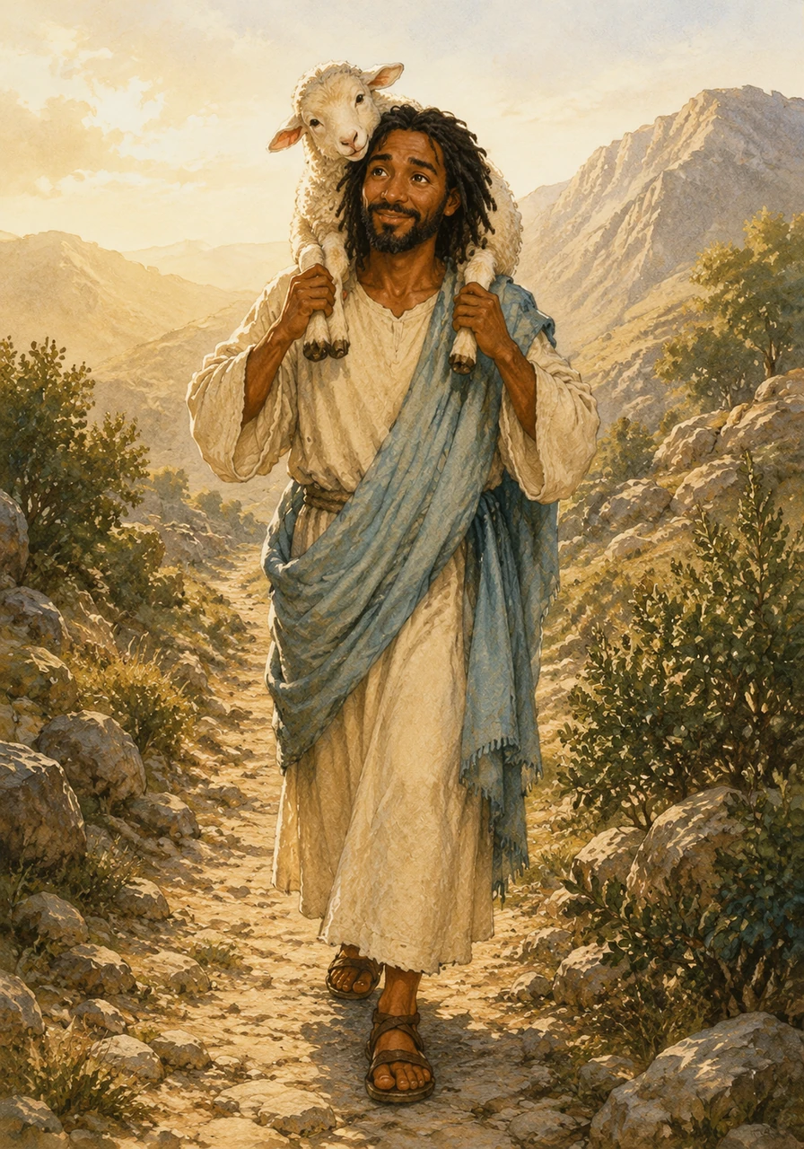 A kind shepherd climbed over high mountains and through thick bushes to find one little lost sheep that had wandered away. He carried the lamb home on his shoulders with a big smile, because every single child is precious and loved by God. Just like that lamb, you are never lost, for the Good Shepherd always knows exactly where you are.