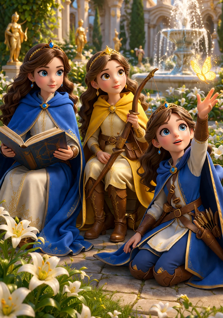 Three princesses named Aria, Lyra, and Elara sit together in a lush palace garden filled with blooming white lilies and golden statues. Aria is reading a large book, Lyra is holding a wooden bow, and young Elara is reaching for a glowing butterfly near a sparkling fountain.