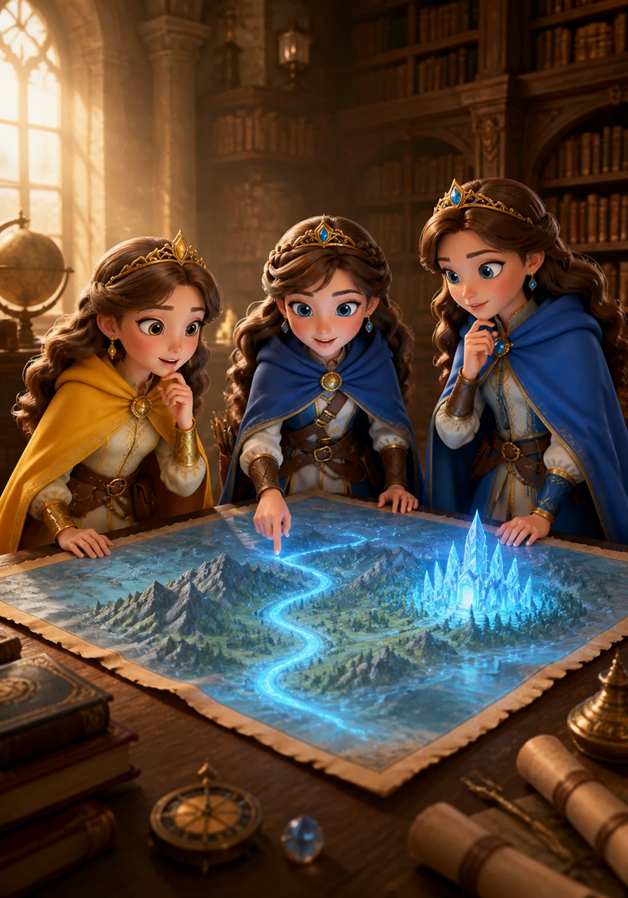 Inside a dusty, sunlit royal library, the three sisters gather around a glowing ancient map spread across a heavy oak table. The map radiates a soft blue light, revealing a hidden path through mountains and forests that leads to the legendary Crystal Grove.