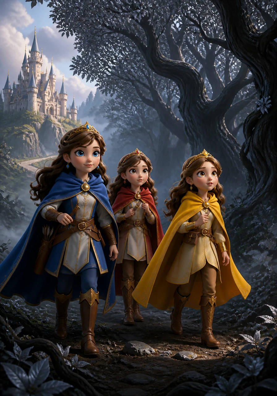 The sisters stand at the edge of a dark, misty forest wearing colorful traveling cloaks of blue, red, and yellow. Tall, twisted trees with silver leaves tower over them as they take their first brave steps away from the safety of the castle and into the unknown wilderness.